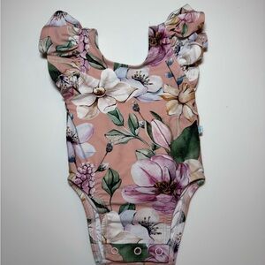 Posh Peanut Pink Floral Ruffle-Sleeve Baby Swimsuit